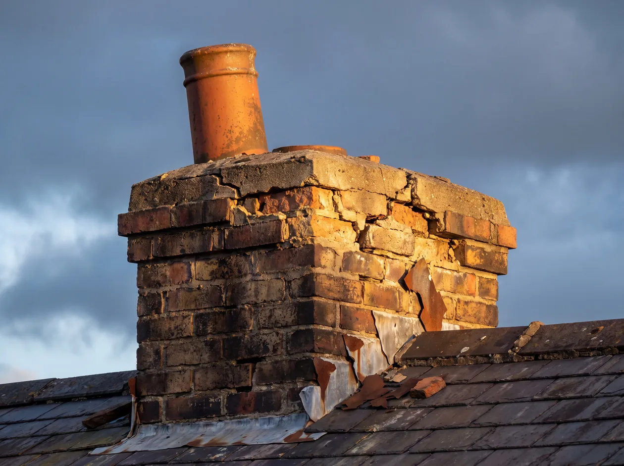 A damaged chimney with crumbling mortar and cracked flaunching – Riverstone Roofing, Lincolnshire & Norfolk