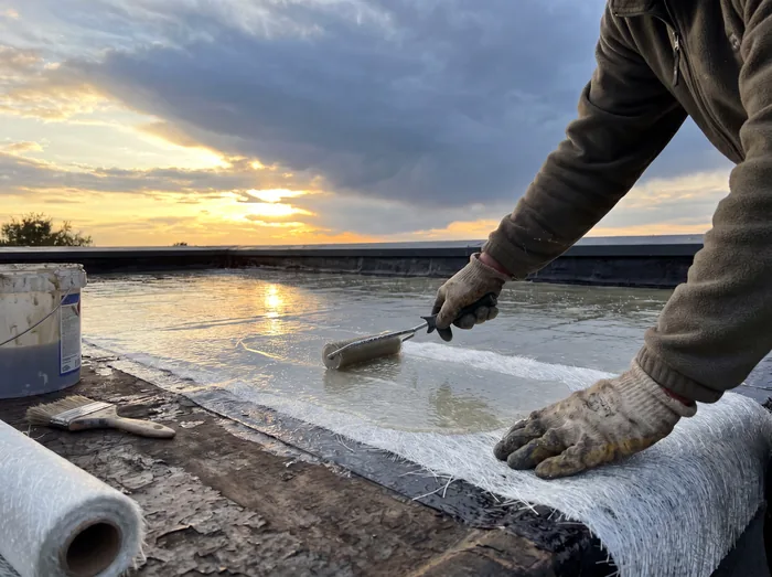 Roofer applying GRP fibreglass to a flat roof – Riverstone Roofing, Lincolnshire & Norfolk