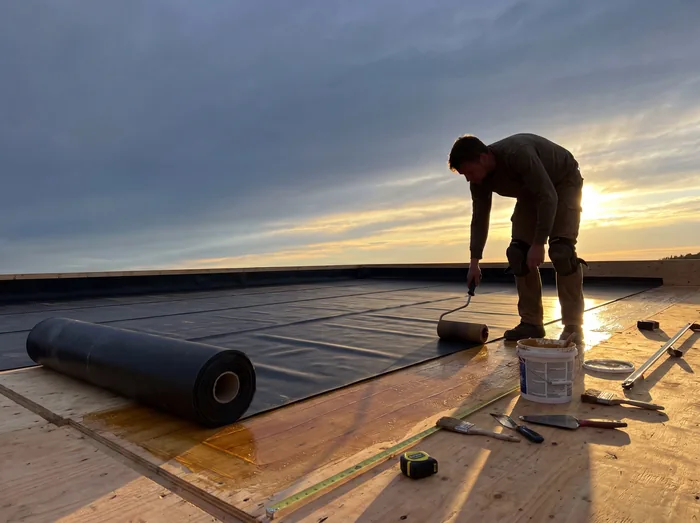 Roofer installing EPDM rubber flat roof membrane – Riverstone Roofing, Lincolnshire & Norfolk