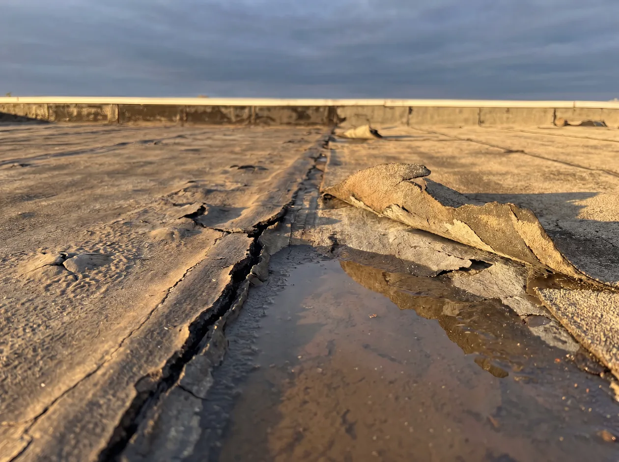 A damaged flat roof with splits, blisters and ponding water – Riverstone Roofing, Lincolnshire & Norfolk