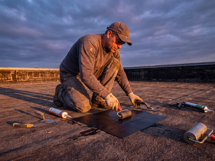 Roofer patching a flat roof – Riverstone Roofing, Lincolnshire & Norfolk