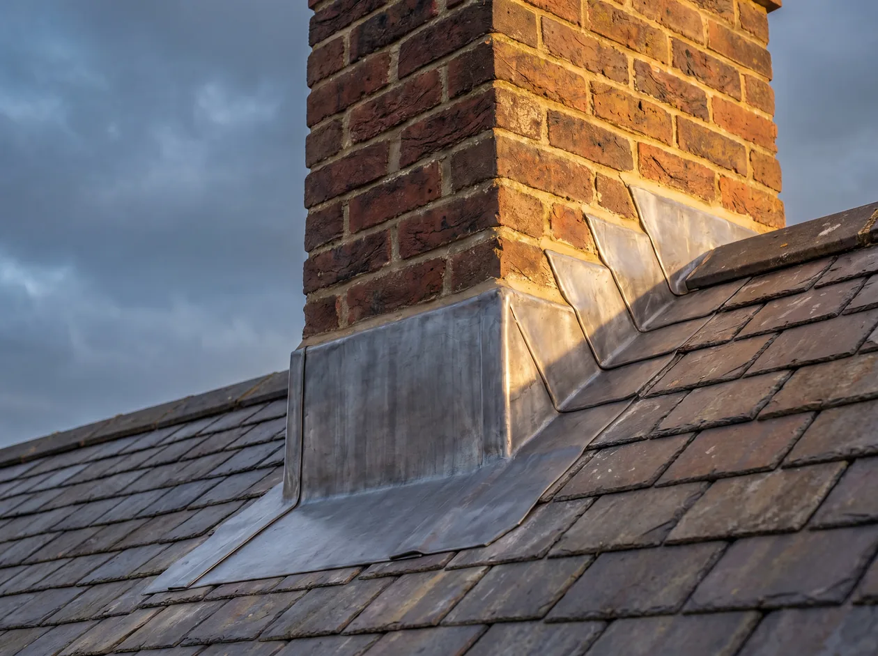 Beautifully finished leadwork around a chimney by Riverstone Roofing