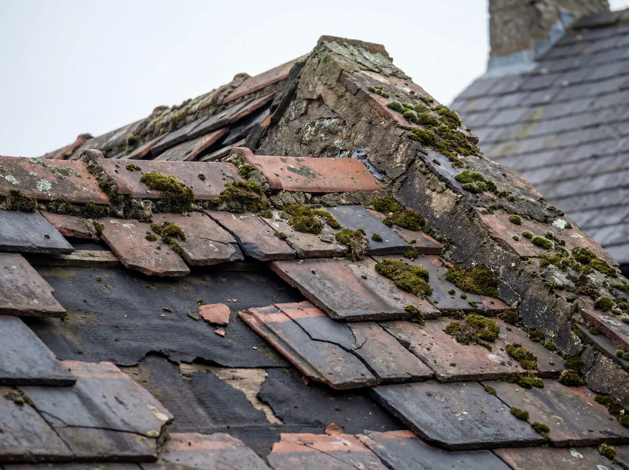 A damaged pitched roof with slipped tiles and moss in need of repair – Riverstone Roofing, Lincolnshire & Norfolk