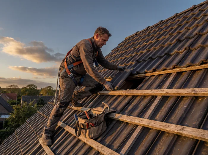 Roofer replacing slipped tiles on a pitched roof – Riverstone Roofing, Lincolnshire & Norfolk