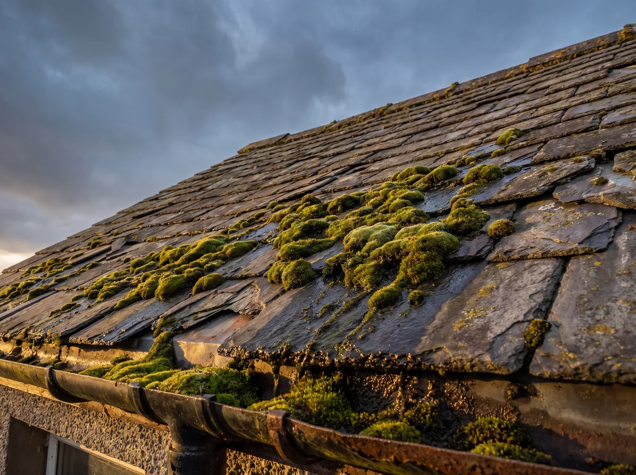 A heavily moss-covered dirty roof before cleaning – Riverstone Roofing, Lincolnshire & Norfolk